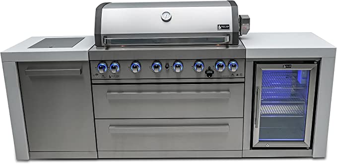 Mont Alpi MAi805-DFC 44-inch 6-Burner 115000 BTU Deluxe Stainless Steel Island Outdoor Kitchen Gas Barbecue Grill w/ Wine Cooler, Compact Refrigerator Beverage Center + Granite Countertops & Sides - Poolstoreconnect