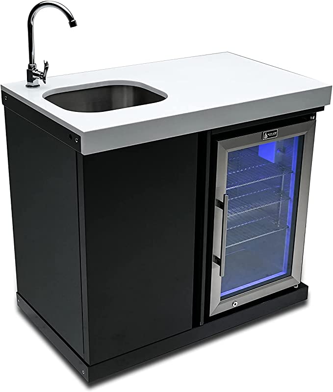 Mont Alpi MASF-BSS Black Stainless Steel Beverage Center Fridge Cabinet 2.7 Cubic Feet Wine Cooler Outdoor Rated Lockable Temperature Adjustable Refrigerator + Blue LED Lighting w/Granite Countertop - Poolstoreconnect
