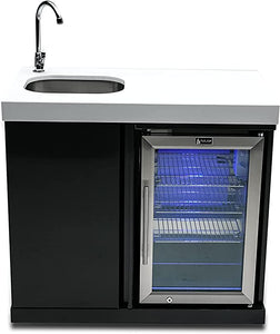 Mont Alpi MASF-BSS Black Stainless Steel Beverage Center Fridge Cabinet 2.7 Cubic Feet Wine Cooler Outdoor Rated Lockable Temperature Adjustable Refrigerator + Blue LED Lighting w/Granite Countertop