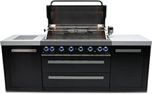 Load image into Gallery viewer, Mont Alpi MAi805-BSS 44-inch 6-Burner 115000 BTU Deluxe Black Stainless Steel Outdoor Kitchen Gas Island Grill w/ Infrared Side Burner &amp; Rotisserie Kit Granite Countertop + Storage Cabinets &amp; Weather Cover - Poolstoreconnect
