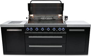 Mont Alpi MAi805-BSS 44-inch 6-Burner 115000 BTU Deluxe Black Stainless Steel Outdoor Kitchen Gas Island Grill w/ Infrared Side Burner & Rotisserie Kit Granite Countertop + Storage Cabinets & Weather Cover