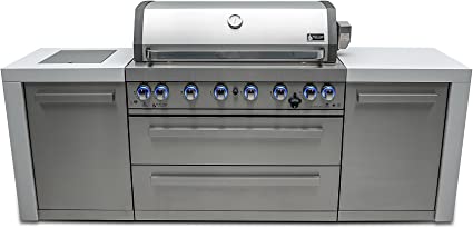 Mont Alpi MAi805-D 44-Inch 6-Burner 115000 BTU Stainless Steel Outdoor Kitchen Bar Island Barbecue Gas Grill w/ Ceramic Infrared Rear & Side Burner + Granite Countertops + Storage Cabinets & Wheels - Poolstoreconnect