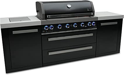 Mont Alpi MAi805-BSS 44-inch 6-Burner 115000 BTU Deluxe Black Stainless Steel Outdoor Kitchen Gas Island Grill w/ Infrared Side Burner & Rotisserie Kit Granite Countertop + Storage Cabinets & Weather Cover - Poolstoreconnect