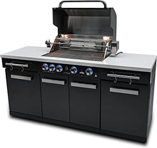 Load image into Gallery viewer, Mont Alpi MA-957 5-Burner 63000 BTU Black Stainless Steel Outdoor Kitchen Bar Gas Island Grill w/ Infrared Rear Burner + Rotisserie Kit + Granite Countertop + Storage Cabinets &amp; Full Weather Cover
