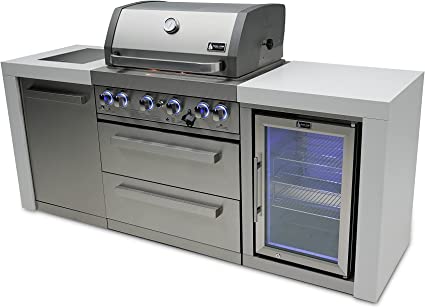 Mont Alpi MAi400-DFC 32-Inch 4-Burner 78000 BTU Deluxe Stainless Steel Gas Outdoor Kitchen Bar Barbecue Island Grill w/ Infrared Side Burner + Wine Cooler Compact Refrigerator + Rotisserie Kit - Poolstoreconnect