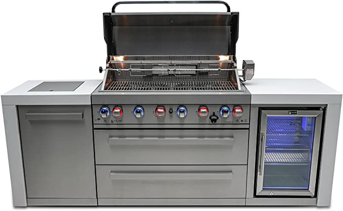 Mont Alpi MAi805-DFC 44-inch 6-Burner 115000 BTU Deluxe Stainless Steel Island Outdoor Kitchen Gas Barbecue Grill w/ Wine Cooler, Compact Refrigerator Beverage Center + Granite Countertops & Sides - Poolstoreconnect