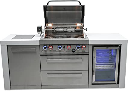 Mont Alpi MAi400-DFC 32-Inch 4-Burner 78000 BTU Deluxe Stainless Steel Gas Outdoor Kitchen Bar Barbecue Island Grill w/ Infrared Side Burner + Wine Cooler Compact Refrigerator + Rotisserie Kit - Poolstoreconnect