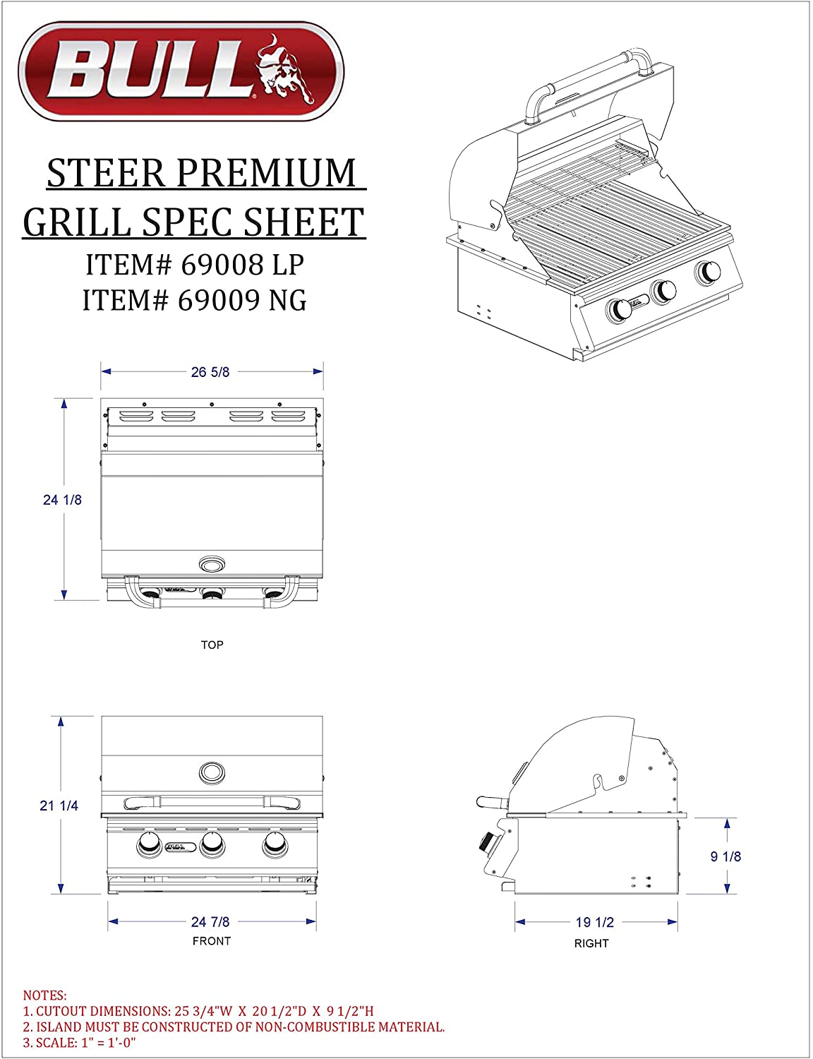 Bull Outdoor Products 69008 LP Steer Premium Drop in Grill, Liquid Propane - Poolstoreconnect