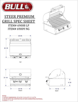 Bull Outdoor Products 69008 LP Steer Premium Drop in Grill, Liquid Propane - Poolstoreconnect