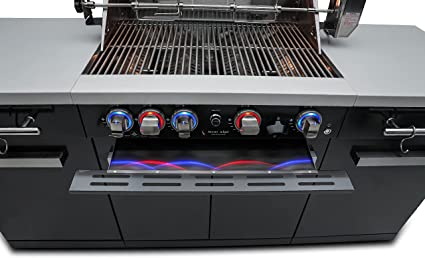 Mont Alpi MA-957 5-Burner 63000 BTU Black Stainless Steel Outdoor Kitchen Bar Gas Island Grill w/ Infrared Rear Burner + Rotisserie Kit + Granite Countertop + Storage Cabinets & Full Weather Cover - Poolstoreconnect